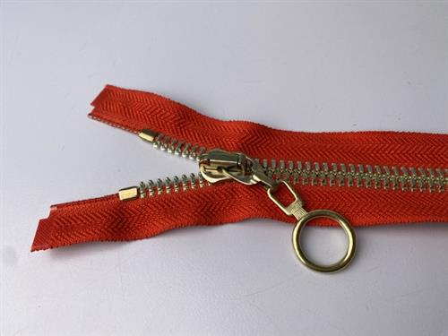 Lynlås - 2-vejs, orangerød med grove guld plasttænder, 42 cm