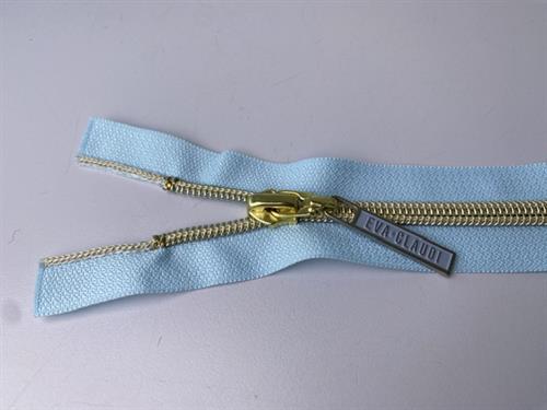 Lynlås - 2-vejs, lyseblå med guld plasttænder, 42 cm