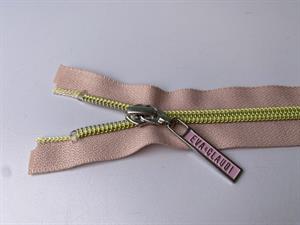 Lynlås - 2-vejs, rosa med guld plasttænder, 30 cm