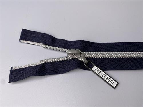 Lynlås - 2-vejs, marineblå med sølv plasttænder, 42 cm