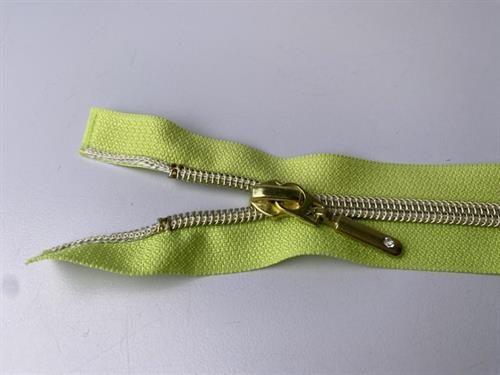 Lynlås - 2-vejs, limegrøn med guld plasttænder, 42 cm