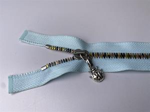 Lynlås - 2-vejs, lyseblå med farvede metaltænder, 42 cm