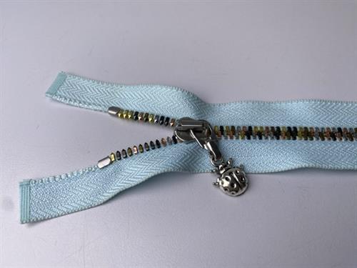 Lynlås - 2-vejs, lyseblå med farvede metaltænder, 42 cm