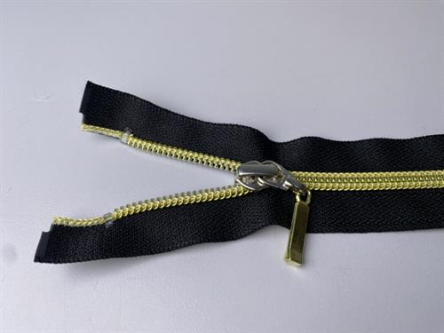 Lynlås - 2-vejs, sort med guld plasttænder, 32 cm