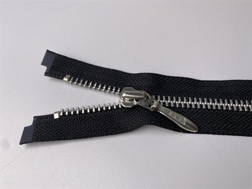 Lynlås - 2-vejs, sort med sølv metaltænder, 61 cm