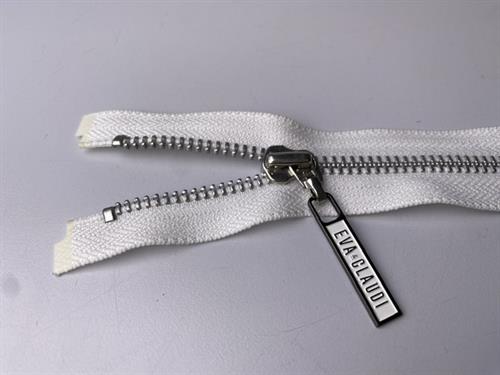 Lynlås - 2-vejs, hvid med sølv metaltænder, 43 cm