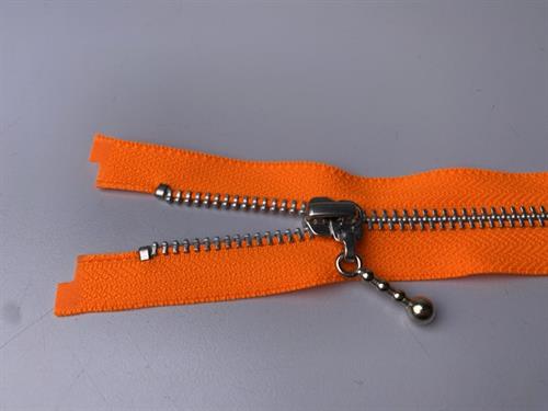Lynlås - 2-vejs, neonorange med sølv metaltænder, 35 cm
