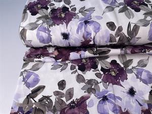 Bomuldsjersey - smukke akvarel blomster i lilla nuancer