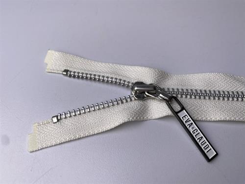 Lynlås - 2-vejs, hvid med sølv metaltænder, 36 cm