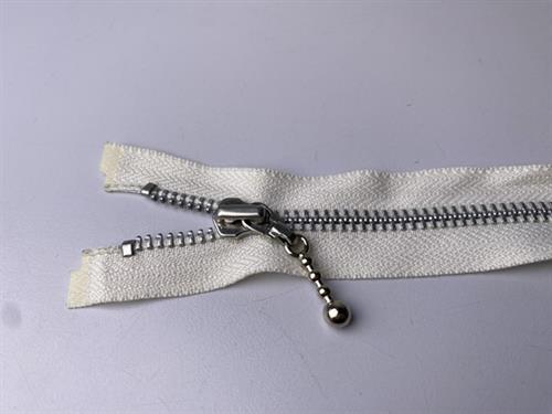 Lynlås - 2-vejs, hvid med sølv metaltænder, 43 cm