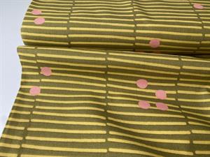 Fastvævet bomuldspoplin - brudte striber i sennepsgrøn