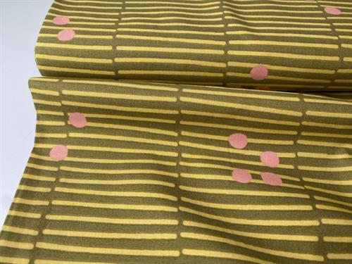 Fastvævet bomuldspoplin - brudte striber i sennepsgrøn