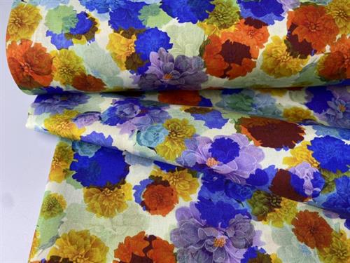 Fastvævet bomuldspoplin - smukke blomster i intense toner