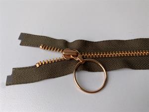 Lynlås - delbar, mørk kaki med rose gold metaltænder, 75 cm