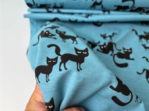 Bomuldsjersey - katte på blå bund