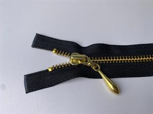 Lynlås - delbar, sort med guld metaltænder, 15,5 cm