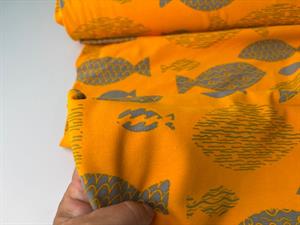 Bomuldsjersey - grå fisk på orange bund