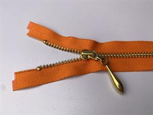 Lynlås - delbar, orange med guld metaltænder, 33 cm