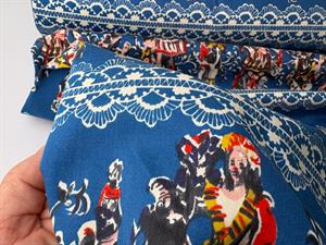 Fastvævet twill med stræk - blå med skønneste print 