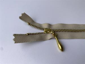 Lynlås - ikke delbar, beige med guld metaltænder, 13 cm