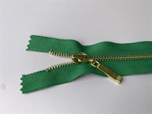 Lynlås - ikke delbar, græsgrøn med guld metaltænder, 15 cm