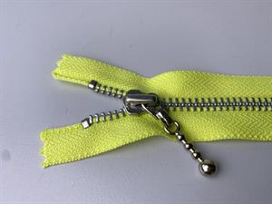 Lynlås - ikke delbar, neongul med sølv metaltænder, 11 cm