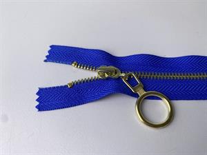 Lynlås - ikke delbar, intens blå med guld metaltænder, 15 cm