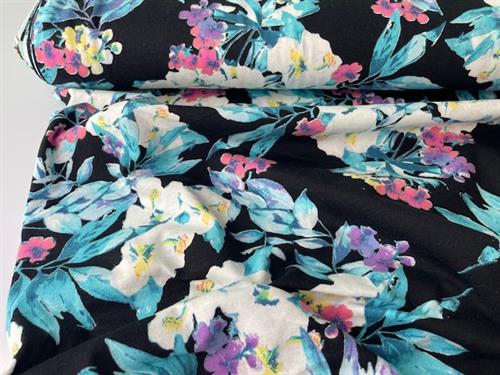 Viscosejersey - smukke blomster på sort bund