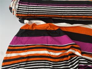 Viscosejersey - sort, lilla, orange og hvide striber