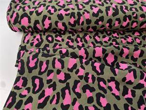 Fastvævet - pink leo på armygrøn bund