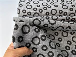 Vævet hør/bomuld - smukke grafiske cirkler i sort 