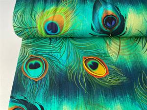 Bomuldsjersey - intense lækre blågrønne toner med påfugle
