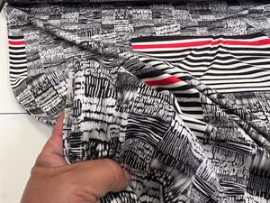 Viscosejersey - grå, rød og sort i fint mønster 