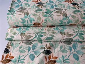 Vævet hør/viscose - smukke blade i grønne og brune nuancer