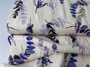 Vævet hør/viscose - smukke blade og blomster i lilla og blå nuancer