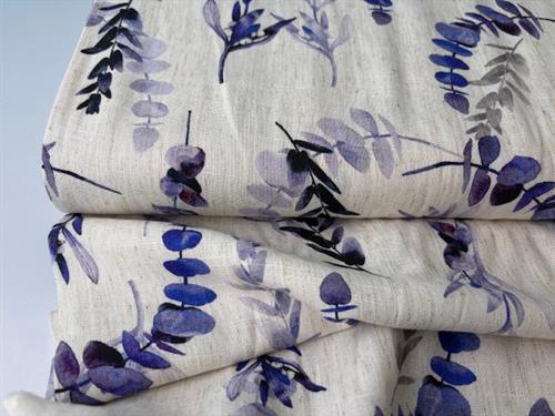 Vævet hør/viscose - smukke blade og blomster i lilla og blå nuancer