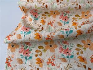 Vævet hør/viscose - yndige blomster i fine farver