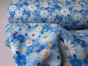 Vævet hør / viscose - skønne blomster i fine blå toner