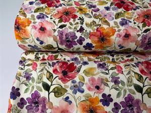 Vævet hør / viscose - smukke blomster i fantastiske farver, rest på 1,1 m