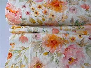 Vævet hør / viscose - yndige blomster i blide toner