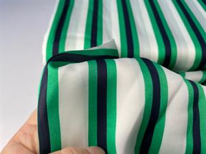 Fastvævet polyester satin - striber i grøn og marine blå