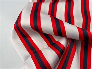 Fastvævet polyester satin - striber i rød og marine blå