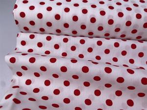 Vævet bomuldspoplin - hvid med røde prikker