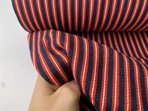 Twillvævet denim - klassiske striber i rød og mørk denimblå