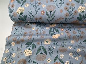 Bomuldsjersey - fine blomster på jeansblå bund