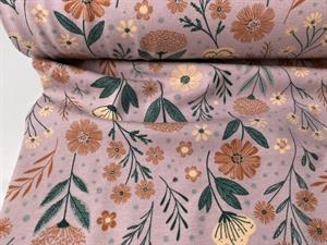 Bomuldsjersey - fine blomster på lys mauve bund