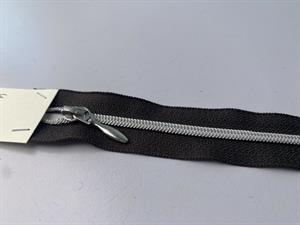 Lynlås - ikke delbar i mørkebrun med sølvfarvede plastiktænder, 16 cm 