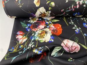 Polyesterjersey - smukke blomster på sort bund