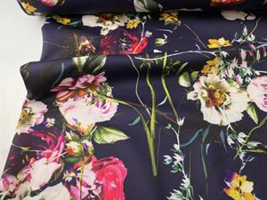 Polyesterjersey - smukke blomster på mørk blåviolet bund