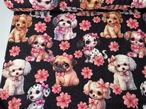 Bomuldsjersey - bedårende hunde og smukke blomster